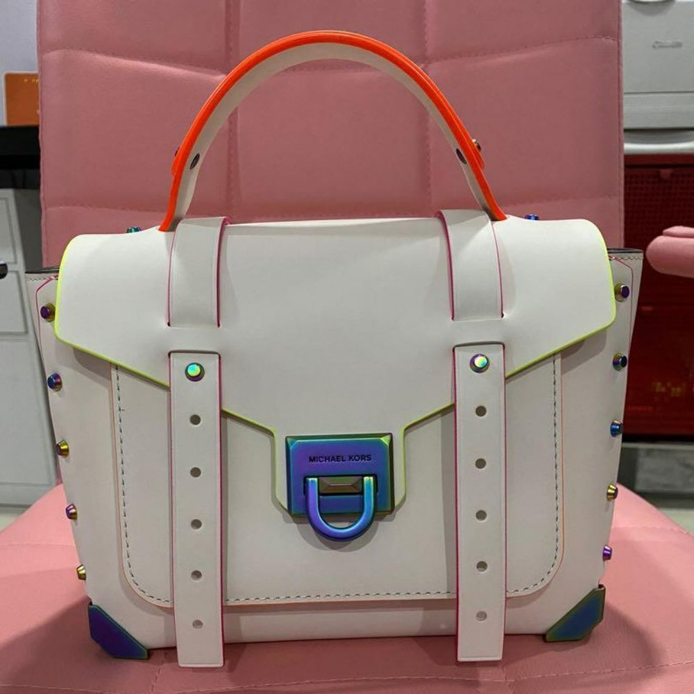 MICHAEL KORS MANHATTAN MEDIUM OPTIC WHITE NEON CROSSBODY SCHOOL SATCHEL BAG NWT! - Picture 8 of 15